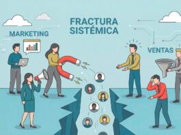 Representación visual de la crisis de alineación comercial B2B, donde la falta de coordinación provoca que los leads calificados se pierdan en la brecha operativa entre marketing y ventas.