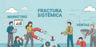 Representación visual de la crisis de alineación comercial B2B, donde la falta de coordinación provoca que los leads calificados se pierdan en la brecha operativa entre marketing y ventas.