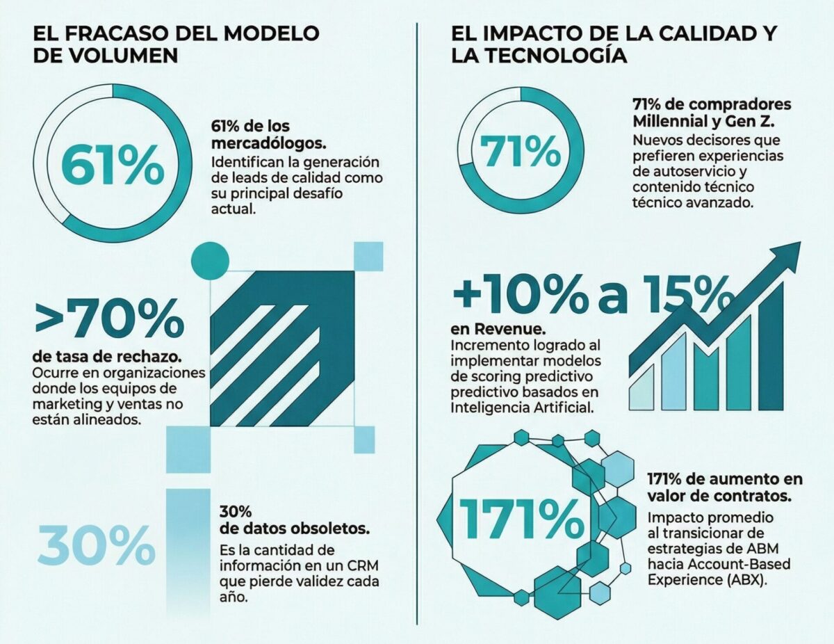 Infografía con estadísticas B2B que contrasta el fracaso en la generación de leads por volumen frente al impacto positivo de la calidad, la Inteligencia Artificial y las estrategias ABX en el revenue.
