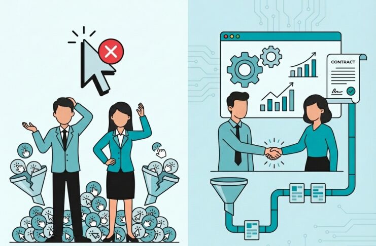 Ilustración dividida en dos paneles que muestra a dos profesionales abrumados por una montaña de iconos de clics en la izquierda, y a dos profesionales cerrando un trato comercial con gráficos de crecimiento y un contrato en la derecha.