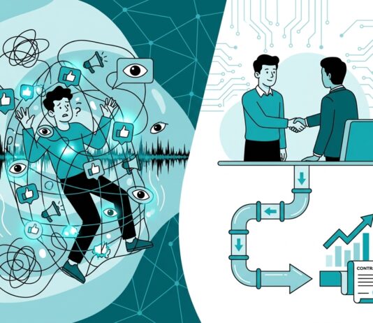 Ilustración sobre la diferencia entre métricas de vanidad en marketing digital y el flujo de ventas real en el sector IT B2B