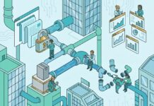 Por qué la automatización rígida falla en la generación de demanda B2B Ilustración isométrica de un pipeline o tuberías de marketing tecnológico B2B con un candado que bloquea el contenido, analistas revisando métricas en pantallas y un mapa de América Latina, representando los errores estratégicos en la generación de demanda.