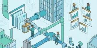 Por qué la automatización rígida falla en la generación de demanda B2B Ilustración isométrica de un pipeline o tuberías de marketing tecnológico B2B con un candado que bloquea el contenido, analistas revisando métricas en pantallas y un mapa de América Latina, representando los errores estratégicos en la generación de demanda.