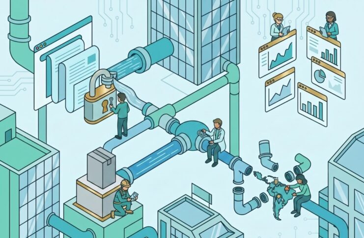 Ilustración isométrica de un pipeline o tuberías de marketing tecnológico B2B con un candado que bloquea el contenido, analistas revisando métricas en pantallas y un mapa de América Latina, representando los errores estratégicos en la generación de demanda.