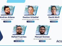 Caso de éxito de EAFIT con Acquia DAM, con Andrés Aldana, Gastón Urbitel y David Abril (Acquia), Rafael Fuentes (Julius C2G), y Manuel Gómez (EAFIT).