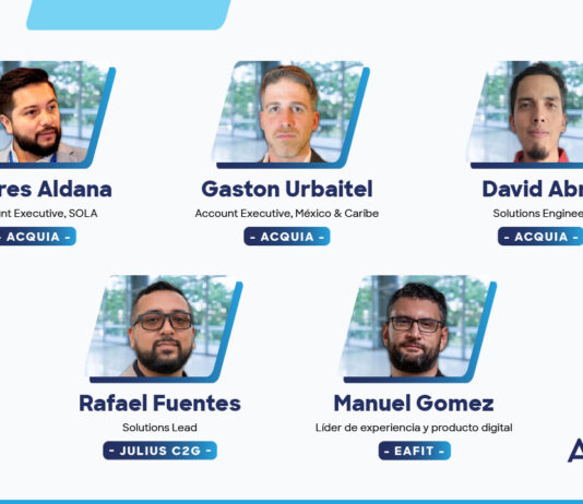Caso de éxito de EAFIT con Acquia DAM, con Andrés Aldana, Gastón Urbitel y David Abril (Acquia), Rafael Fuentes (Julius C2G), y Manuel Gómez (EAFIT).