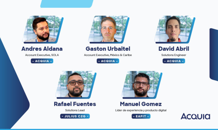 Caso de éxito de EAFIT con Acquia DAM, con Andrés Aldana, Gastón Urbitel y David Abril (Acquia), Rafael Fuentes (Julius C2G), y Manuel Gómez (EAFIT).